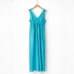 SPINNEY Vintage Lace Turquoise Blue Lingerie Maxi Slip Dress Retro Sleepwear